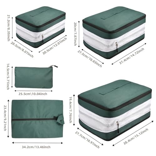 5 Set Compression Packing Cubes for Suitcases, Travel Organiser for Carry on Hand Luggage Newest Double Sided Expandable Packing Bags with Shoes Bag (Blackish Green) — view 2