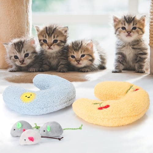 Sliner 6 Pack Cat Pillow and Mouse Toy Set, Calming U Shaped Pet Neck Pillows, 8'' Soft Fluffy Chin Rest Sleeping Bed for Small Dogs, Joint Relief Cervical Support, Indoor Outdoor Use — view 3