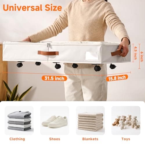 KitHero 6 Inches Under Bed Storage with Wheels Pack of 2, Underbed Shoe Storage Container Bin with Clear Lid Cover, Rolling Under Bed Drawer Storage Bag Basket for Shoe Organizer Sheet Sweater - White — view 2