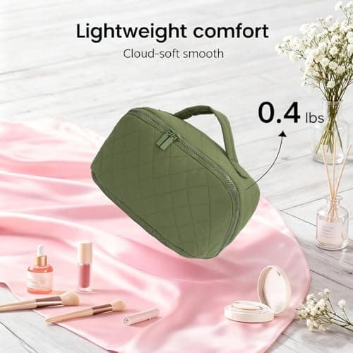 Travel Makeup Bag for Woman,Lay-Flat Puffer Cosmetic Organizer Pouch,Large Capacity Make Up Case Open Flat Toiletry Bags,Cosmetic Bags,Quilted Makeup Bags with Brush Compartment & Handle (Green) — view 4