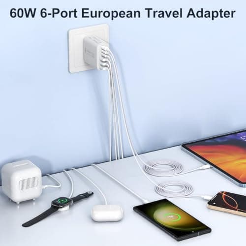 EU Travel Adapter Charger, European Plug Adapter Fast Charging with 3 USB C+3 USB A, 60W European Wall Adaptor EU Adaptor Plug Fast Charger Compatible with iPhone 17 16 15 14 13 12, Samsung Galaxy S25 — view 2