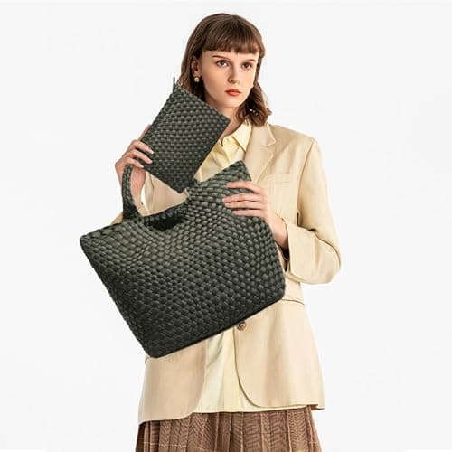 JINMANXUE Woven Hobo Bag For Women Neoprene Tote Bag Large Capacity Handbag Patchwork Handmade Casual Shoulder Bags, Green, L — view 2