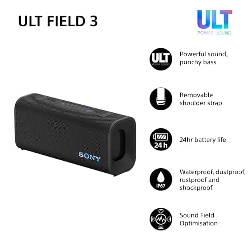 Sony ULT FIELD 3 - Portable Bluetooth Speaker with ULT POWER SOUND, 24hr Battery, IP67, Waterproof, Dustproof, Shockproof, Detachable Shoulder Strap, Compact - Black — view 2