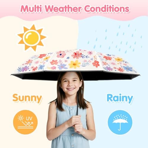 Decalsweet Kids Travel Folding Umbrella,Strong Windproof Automatic Compact Umbrella with Reflective Strips,UV Protection Sun Umbrella for Girls-Flowers — view 2