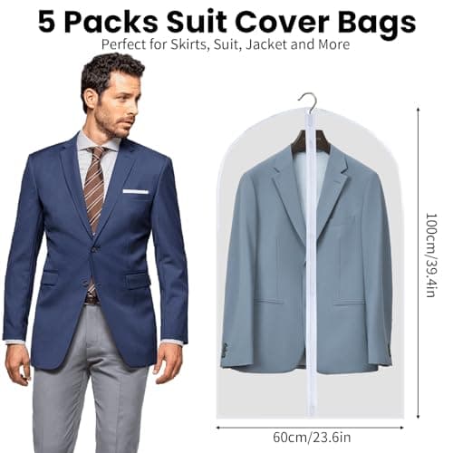 Roellgs Garment Bags, Men/Women Suit Bags for Travel, Garment Covers for Hanging Clothes, Nonwoven Breathable Clothing Protectors with Zipper for Closet Storage (60 x 100 cm, 5Packs) — view 2