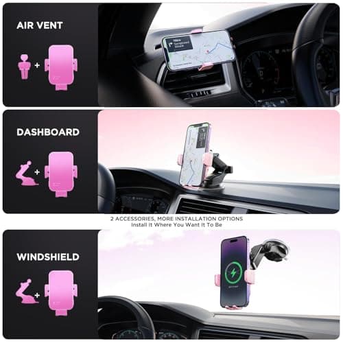 Car Phone Holder Wireless Charger,【7 Colored RGB Backlit】MOSURR 15W Auto Clamping Wireless Car Charger Mount for iPhone 16 15 14 Mini Pro Max, Samsung Galaxy S26 Ultra S25 S24+, etc - Pink — view 6
