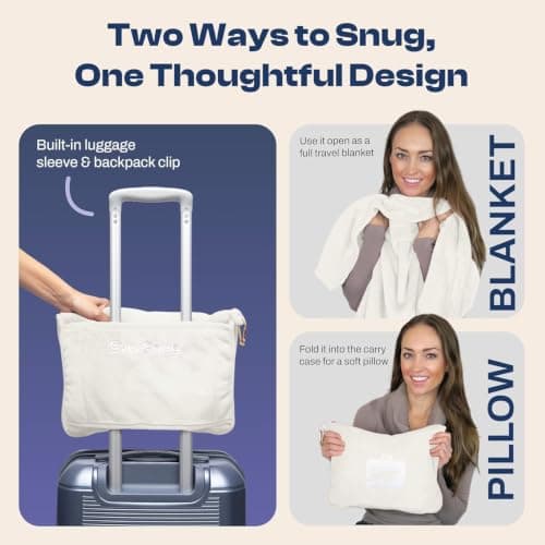 EverSnug Travel Blanket & Pillow 65x40 - Premium Ultra-Soft Microfleece 2 in 1 Compact & Packable Flight Blanket with Soft Bag Pillowcase, Hand Luggage Sleeve and Backpack Clip (Off-White) — view 2