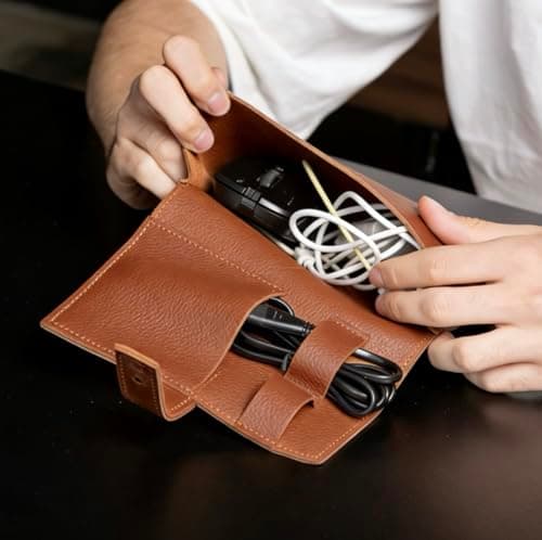 DUWUZEST Vintage Pu leather Electronic organizer travel case,cord organizer travel, Leather charger shortage for essentials mouse, adapter, cables (vintage brown) — view 6