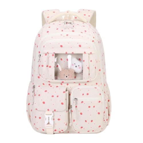 MITOWERMI Corduroy Backpack for Girls Teen School Bags for Elementary Middle School Students Kids Bookbags Girls Backpack Travel, Beige White