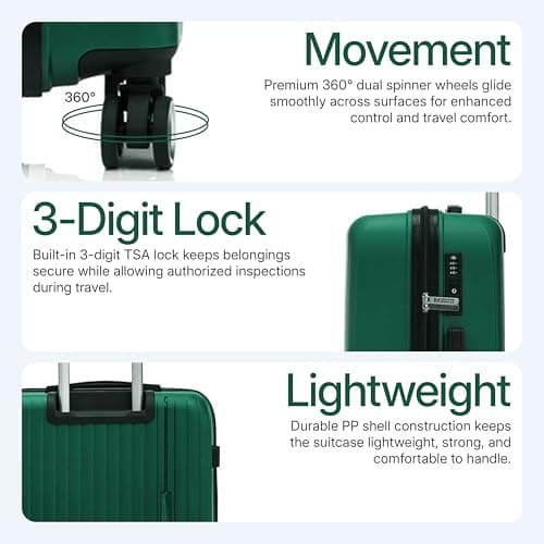 Preston Morgan 21" 55x37x20cm Cabin Suitcase for Ryanair, EasyJet, TUI, Wizzair, BA, Lightweight Rolling Laptop Travel Case on 4 Wheels and Built in TSA Lock | Green — view 6