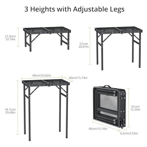 Anbte 2ft Folding Grill Table Max 74cm, 3 Adjustable Heights Lightweight Camping Table with Heat-Resistant Mesh Tabletop Portable Handle, Waterproof, for Cooking BBQ Outdoor Indoor, 60 X 40 cm, Black — view 3