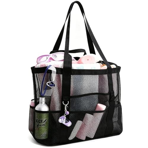 Ogetok Mesh Beach Bag, Extra Large Mesh Beach Tote Bag, Lightweight Oversized Pool Bags with 8 Pockets for Women and Men, Foldable Vacation Trip Essentials Beach Accessories