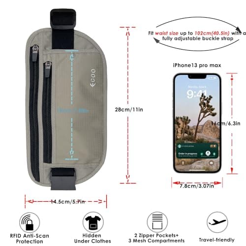 EGOO - Ultralight RFID Money Belt with Adjustable Elastic Strap for Travel Hidden Security Waist Money Pouch with Multi-Pocket + 3 RFID Card Protector Sleeve (Grey) — view 4