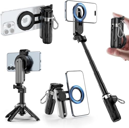 CloudValley Magnetic Mini Selfie Stick Tripod, 4-in-1 Pocket Size Phone Tripod with 360° Rotation, Detachable Bluetooth Remote, Foldable Handle Grip, Compatible with iPhone/Android for Vlog/Photo