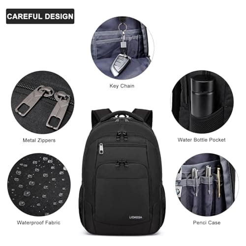 Liokesa Laptop Backpack for Men Women, School Bags Backpacks for Boys Girls,Water Resistant Backpack,15.6 Inch College Bookbag Daypack, Black — view 4