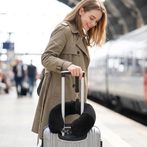 Inflatable Travel Pillow, Black Portable U-Shaped Neck Pillow for Aeroplane Flights Car Train Office, Soft Multifunctional Head Rest Cushion with Compact Carry Bag for Adults Kids Long Journey Sleep — view 5