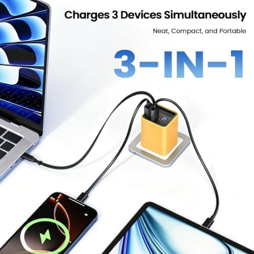 65W USB C Charger, 3-Port GaN Fast Charging Plug with 0.6m Retractable Cable & LED Display, Compatible with MacBook, iPhone, iPad, Galaxy, Laptops, Tablets, Steam Deck, Yellow — view 2