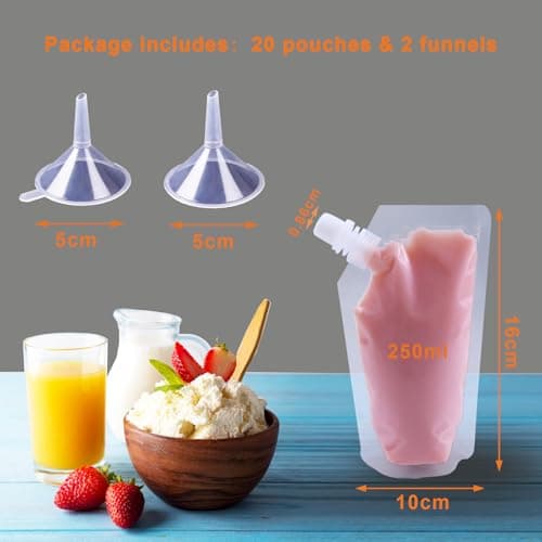 Yelinosk 20pcs Clear Drink Pouches 250ml with caps and 2 Funnels for Festivals,Leak Proof Alcohol Juice Liquid Pouches Bags, Beverage Bags, Plastic Hip Flask for Parties, Picnic, Travel, Sports — view 2