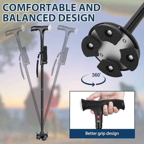 Folding Walking Cane with LED Light, Adjustable Collapsible Standing Canes with SOS Alarm, Pivoting Non Slip Quad Base, Heavy Duty Walking Sticks for Seniors Adults — view 4