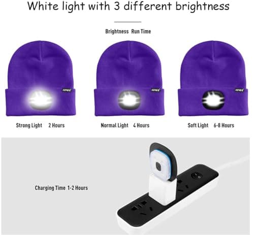 ATNKE LED Lighted Beanie Cap,USB Rechargeable Running Hat Ultra Bright 4 LED Waterproof Light Winter Warm Gifts for Men and Women/Purple — view 6