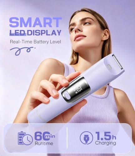Bikini Trimmer Women 2-in-1 Facial Hair Remover for Women, USB-C Electric Lady Shaver with Digital Display, Dual Head Women Shaver with Smart Light for Pubic, Bikini, Underarm, Travel Lock, Lavender — view 6