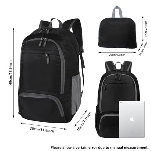 GUZHAIREN 30L Foldable Backpack, Waterproof Rucksack for Men Women, Black — view 2