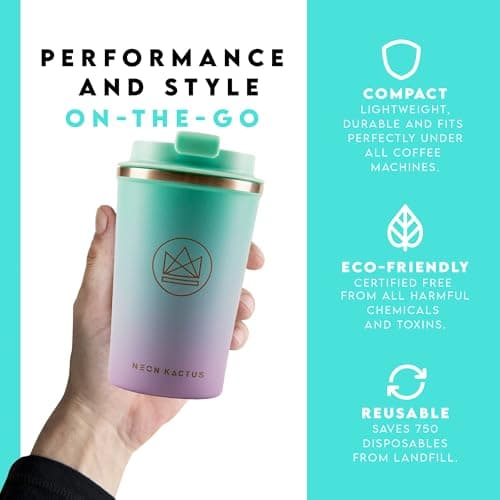 Neon Kactus Insulated Reusable Coffee Cup/Travel Mug (Purple/Green) — view 4
