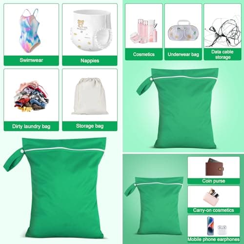 Iridsmole 3 PCS Wet Bags, Travel Laundry Bags, Waterproof Dirty Clothes Bag for Swimming, Cloth Nappy Wet Bag with Zipper, Lightweight Wet Dry Bag, Dirty Laundry Bag for Beach Traveling, Green — view 3