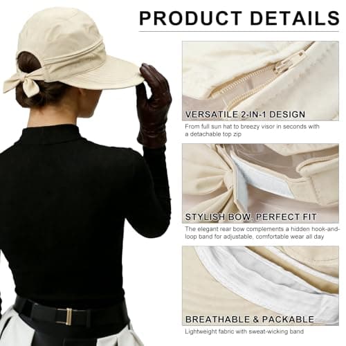ADUDVLO Sun Hats for Women UK, Stylish UPF 50+ 2-in-1 Detachable Top & Adjustable Visor, Foldable Packable Wide Brim Beach Hat for Travel & Outdoor (Beige) — view 4