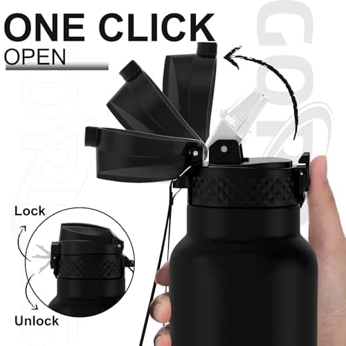 GOPPUS 750ml/26oz Stainless Water Bottle with Straw Double Wall Insulated Bottles with Strap Reusable Vacuum Thermal Flask Leakproof Keep Cold Drinks Bottles with Flip Top Lid BPA Free (Black) — view 3