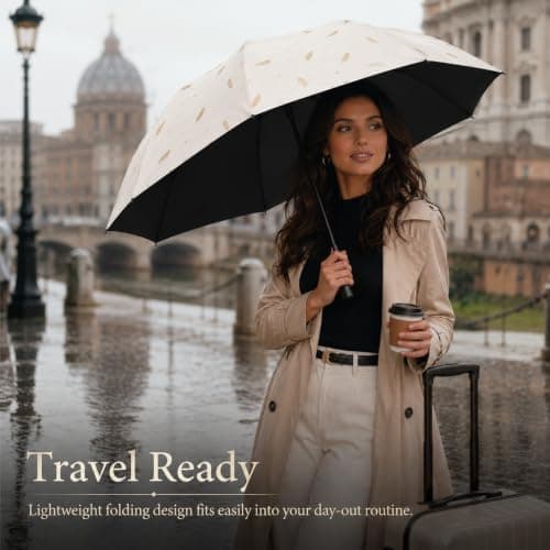 GEEKPC UV Protection Sun Umbrella Compact - UPF 50+ Blocks Over 99% UV Rays Windproof 8 Ribs Ultra Lightweight 280g Folds 28cm Handbag Size Travel Parasol For Women Gold Print Summer (White Leaf) — view 3