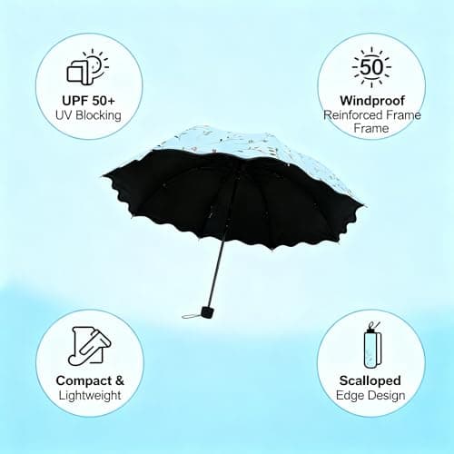 Constprog Women's Folding Floral Sun Umbrella Portable UV Protection Ladies Sun Parasol Windproof Strong Compact Umbrella Summer UPF 50+ Lightweight Travel Garden Sun Rain Umbrellas (Blue) — view 6