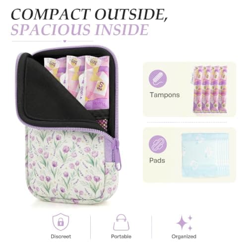 KJQJLY 2 Pack Portable Tampon Organizer Bag Tampon Holder & Storage Case with Zipper for Travel, Discreet Period Bag for Purse, Waterproof Feminine Products Pouch for Women (Lavender Floral) — view 2