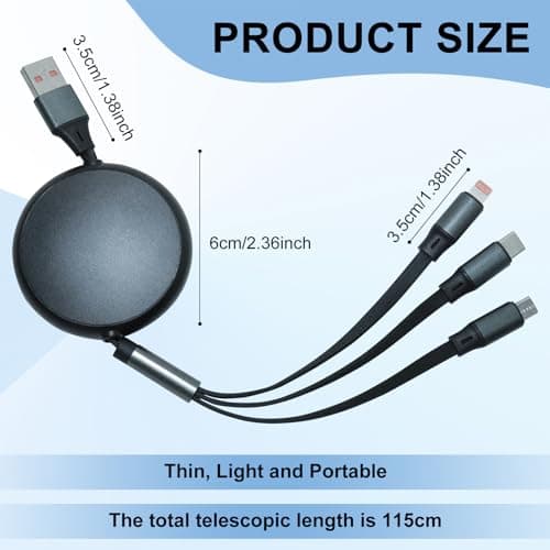 XINML Multi Fast Charger Cable Retractable 3 in 1 Charging Cable 100W, USB C to USBC+PD+Micro USB Portable Travel Chargers for Multiple Devices, Black 1.2M — view 3