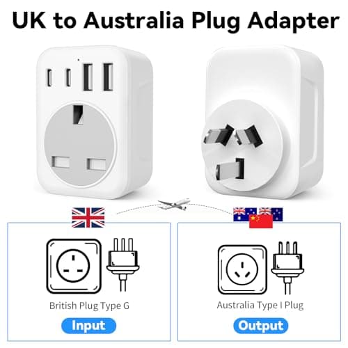 5 IN 1 UK to Australia Plug Adapter, 2500W New Zealand Travel Adapter with 2 USB C & 2 USB A,Type I Plug Adapter for Australia China Fiji Argentina — view 3