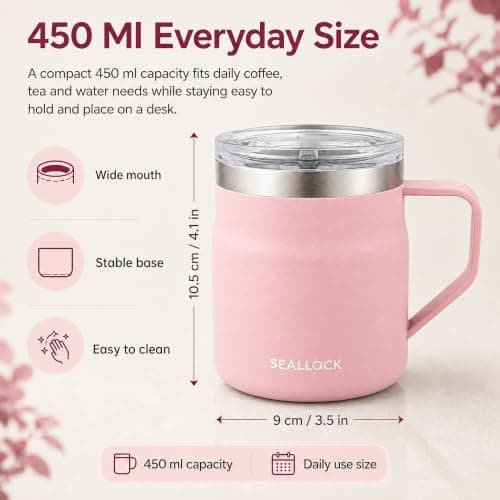 SiHuiTu 450ml Insulated Stainless Steel Coffee Mug with Lid & Handle(Pink) — view 2