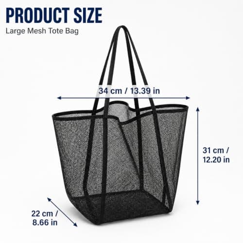 Crownflux Large Black Mesh Beach Bag for Men Women, Foldable Beach Tote — view 3