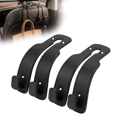 Solvio2 Pack Car Headrest Hooks, 2-in-1 Car Seat Back Storage Hooks with Phone Holder, Universal Leather Car Organiser Hanger for Handbags, Purses, Coats, Grocery Bags & Umbrellas (Black)