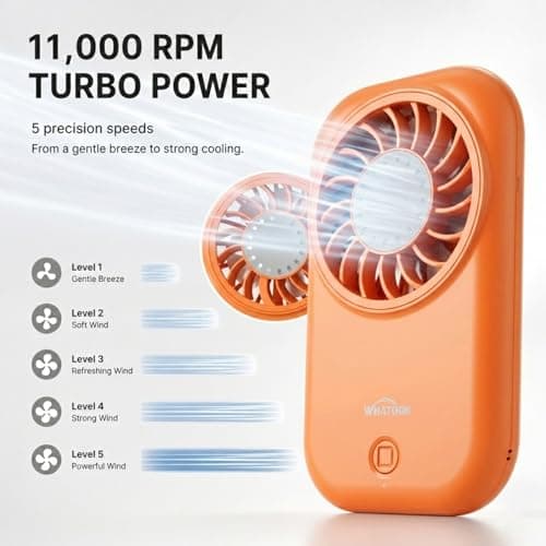 WHATOOK Mini Handheld Turbo Fan: 0.59in Ultra-Slim & 0.12lbs Light Pocket Fan, 11000 RPM Power, USB-C Rechargeable Portable Small Personal Hand Fan for Travel Essentials, Outdoor, Gift, Orange — view 3
