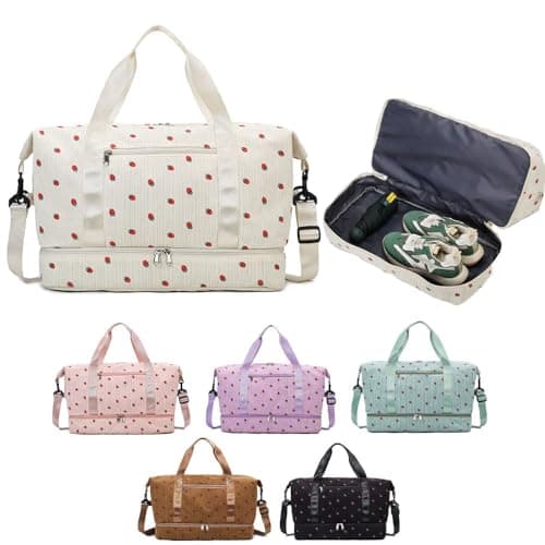 Strawberry Duffel Bag for Girls,Corduroy Gym Bag with Shoe Compartment & Wet Pocket,Cute Travel Bag Weekend Bag Dance Bag for Kids (Green)