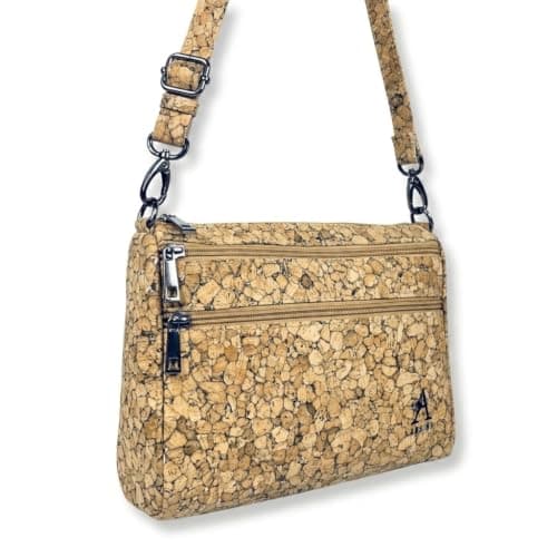 Assisi Style Cork Cross Body Bag Women, Vegan, 4 Zip Pockets, Mosaic Brown