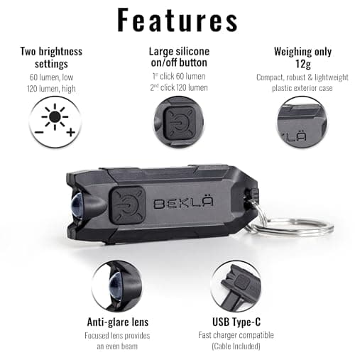BEKLA Rechargeable Keyring Torch USB LED Flashlight – 120 Lumen Extra Bright Mini Torch, Portable EDC Pocket Light for Keys, Handbags, Camping, Walking & Emergencies — view 3