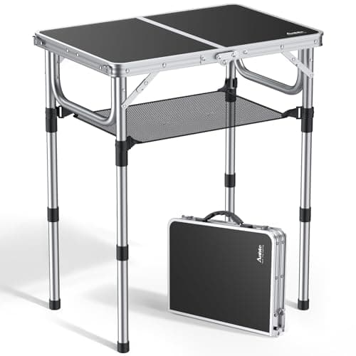 Anbte Folding Camping Table with Storage Net, 3 Adjustable Heights Aluminum Picnic Table, 2ft Portable Table Waterproof Lightweight, for Outdoor Indoor Garden Beach Backyard, 60cm x 40cm, black