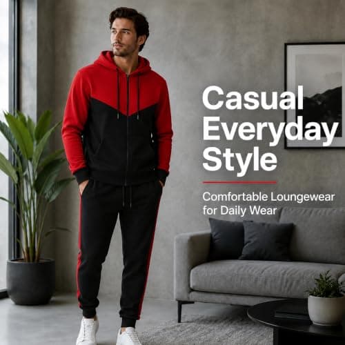 MH Home Men’s Premium Fleece Tracksuit Set Zip Hoodie & Jogger Bottoms Comfortable, Warm & Stylish Loungewear Set for Casual Wear, Gym, Travel (UK, Alpha, XL, Plus, Regular, Red/Black) — view 5