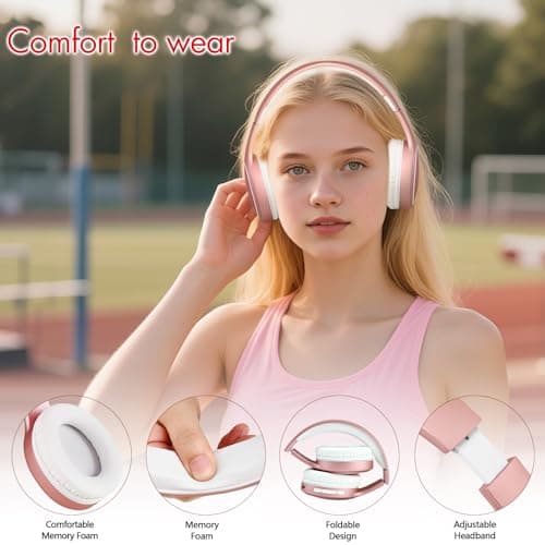 Bluetooth Headphones Over Ear, 70H Playtime and 3 EQ Music Modes Wireless Headphones with Microphone, HiFi Stereo Foldable Lightweight Headset, Deep Bass for Home Office Cellphone PC (Rose Gold) — view 4