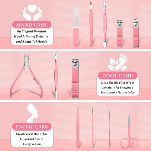 Manicure Set Nail Clipper 12 in 1, Professional Pedicure Nail Kit Manicure Set, Women Men Nail Grooming Kit, Manicure & Pedicure Tools & Accessories, Nail Care Tool with Pink Leather Travel Home — view 2