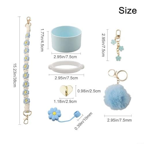 CWOQOCW 7PCS Silicone Cup Strap Set Designed for 30 Ounce and 40 Ounce For Water Bottles with Wool Ball Pendant for Enhanced Portability (blue) — view 4
