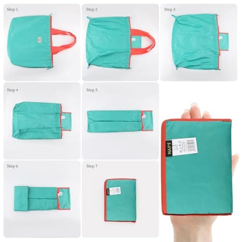 Nexlynk 3Pcs Foldable Reusable Shopping Bags 42x53 cm, Large Waterproof Tote Drawstring Shopper Washable Nylon Grocery Bags for Travel Beach Daily Use Women Mom (Turquoise, Light green, Dark grey) — view 2
