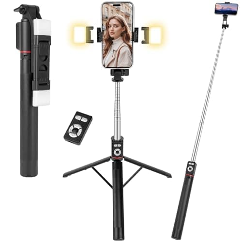 Adiwo Mobile Phone Tripods, 67''/170cm Extendable Selfie Stick with 2 Fill Lights, 3 in 1Portable Travel Phone Holder, with Detachable Wireless Bluetooth Remote, Compatible with Android, IOS (Black)