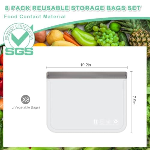Reusable Freezer Bags, Leakproof Food Storage Bags, BPA FREE Ziplock Bags, Food Containers for Meal Prep,Travel, Make-Up, Fridge Kitchen Organization, 8 Pack (8 Large) — view 2